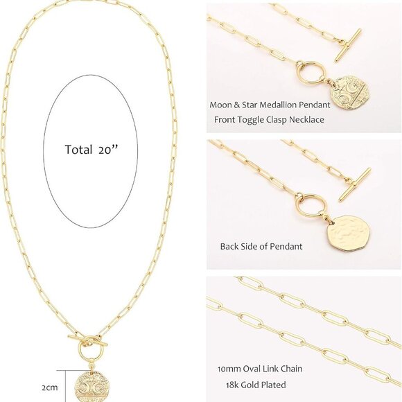 18K Gold Moon Star Lion Evil Eye Love Heart Pendant Necklace Medallion Paperclip - Picture 3 of 7